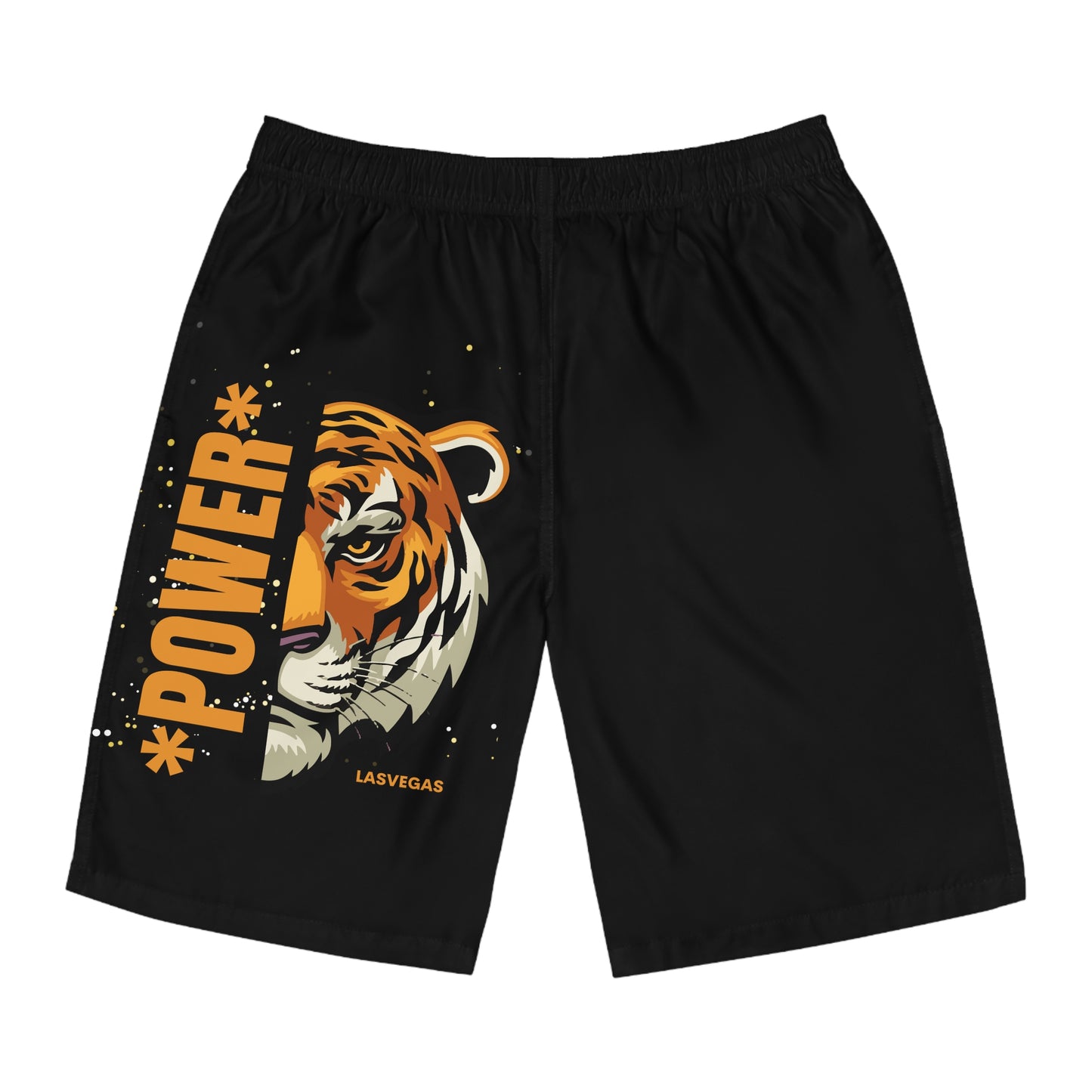 Black Board Shorts - Power Tiger Design for Beach and Pool