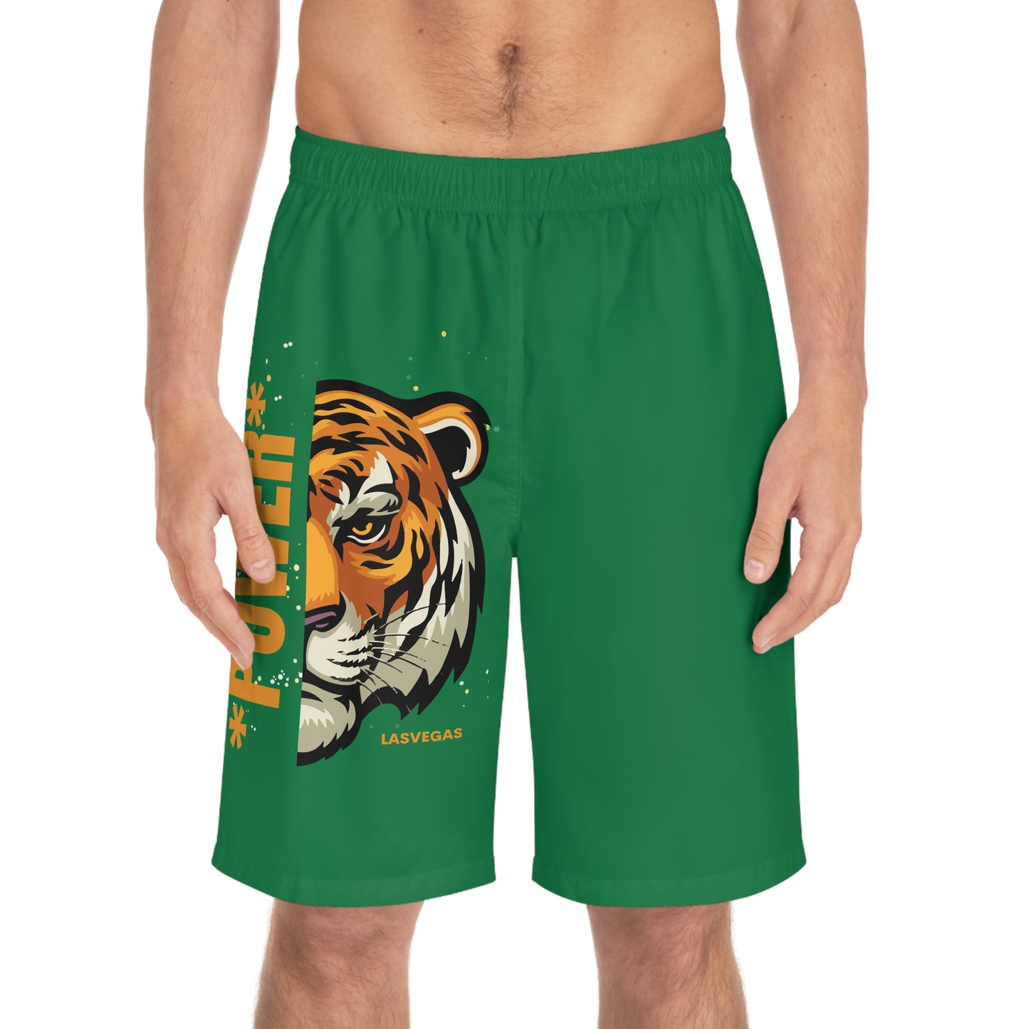 Dark greenWhite Board Shorts - Power Tiger Design for Beach and Pool