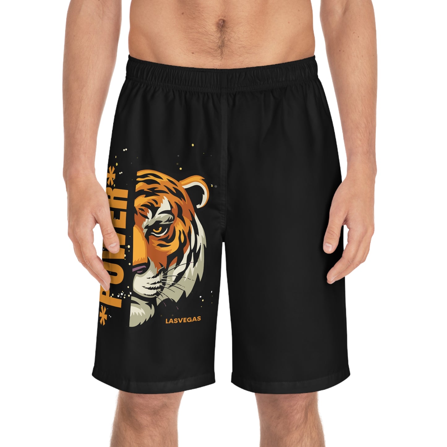 Black Board Shorts - Power Tiger Design for Beach and Pool