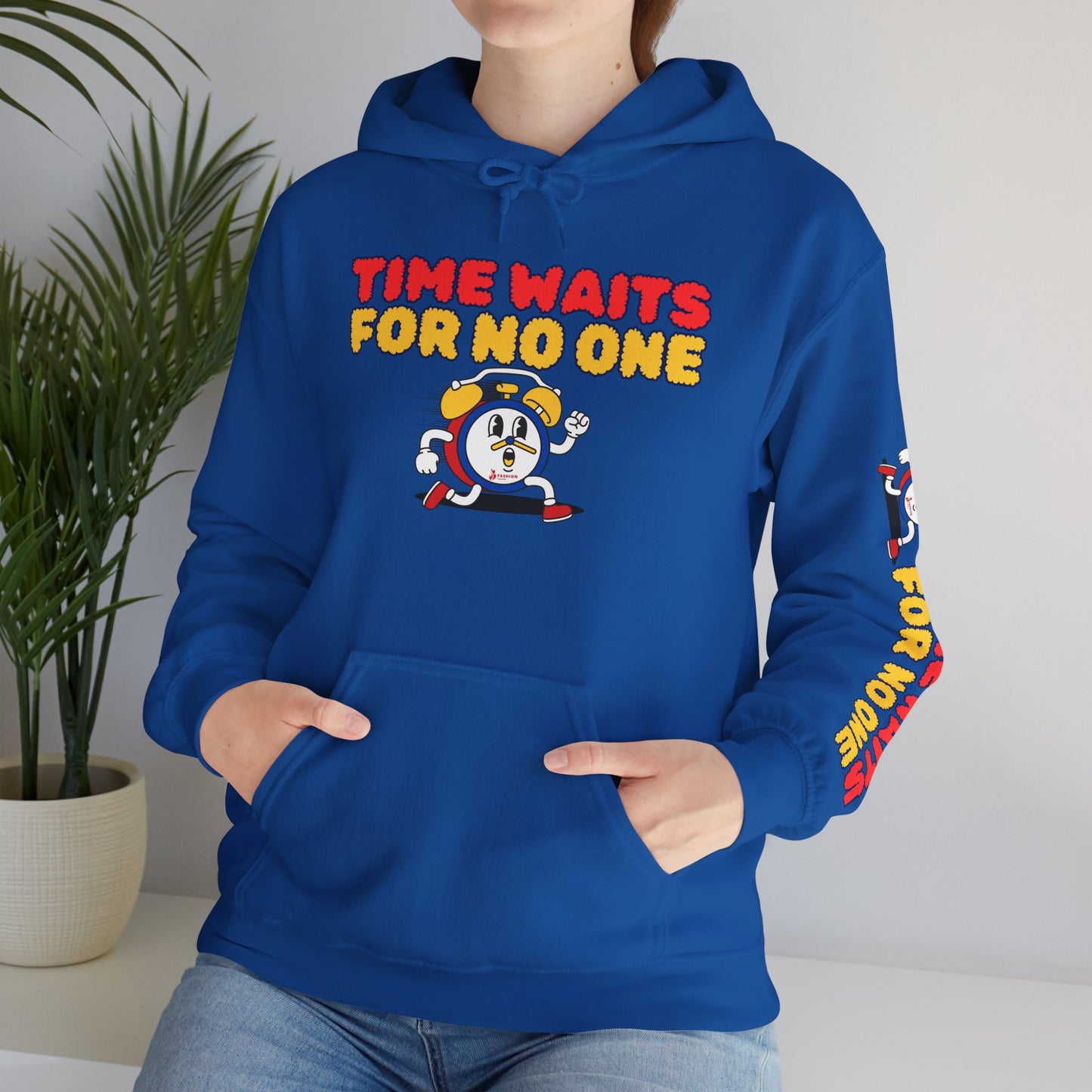 Time Waits For No One Hoodie — Retro Alarm Clock Graphic Sweatshirt