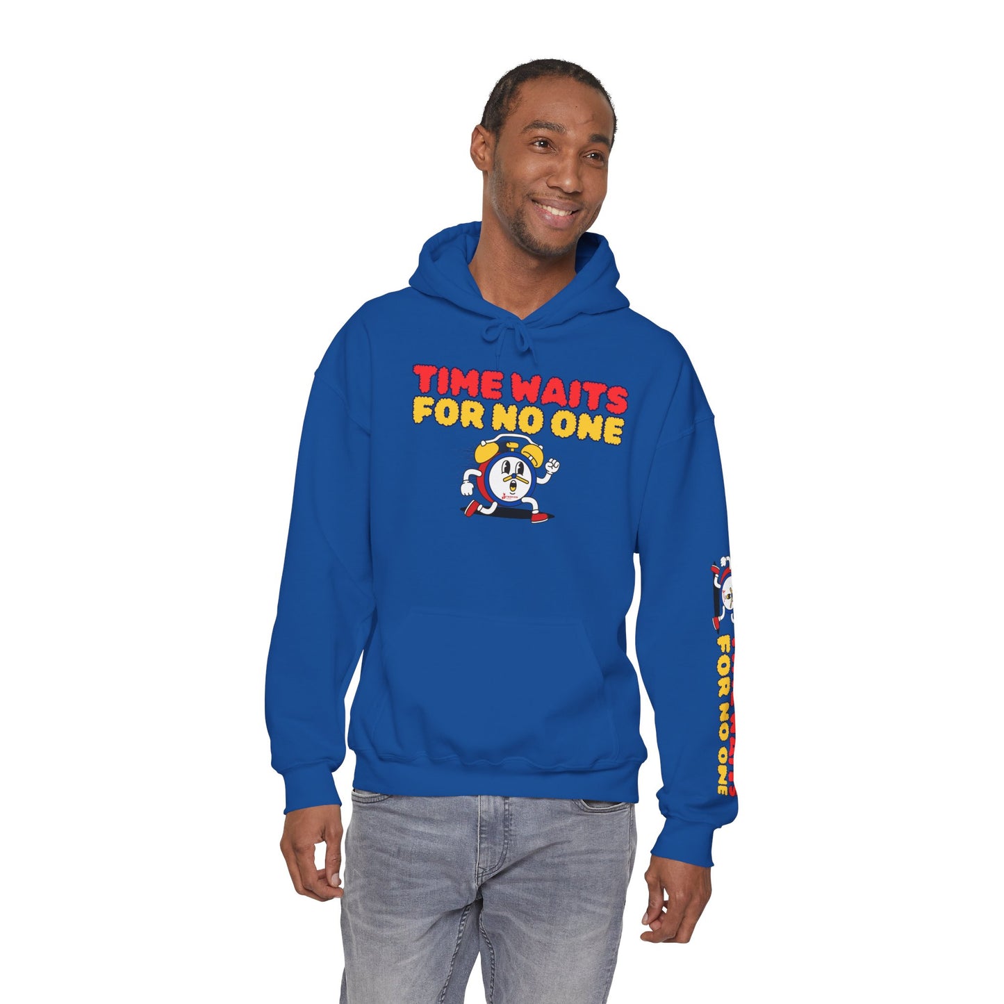 Time Waits For No One Hoodie — Retro Alarm Clock Graphic Sweatshirt