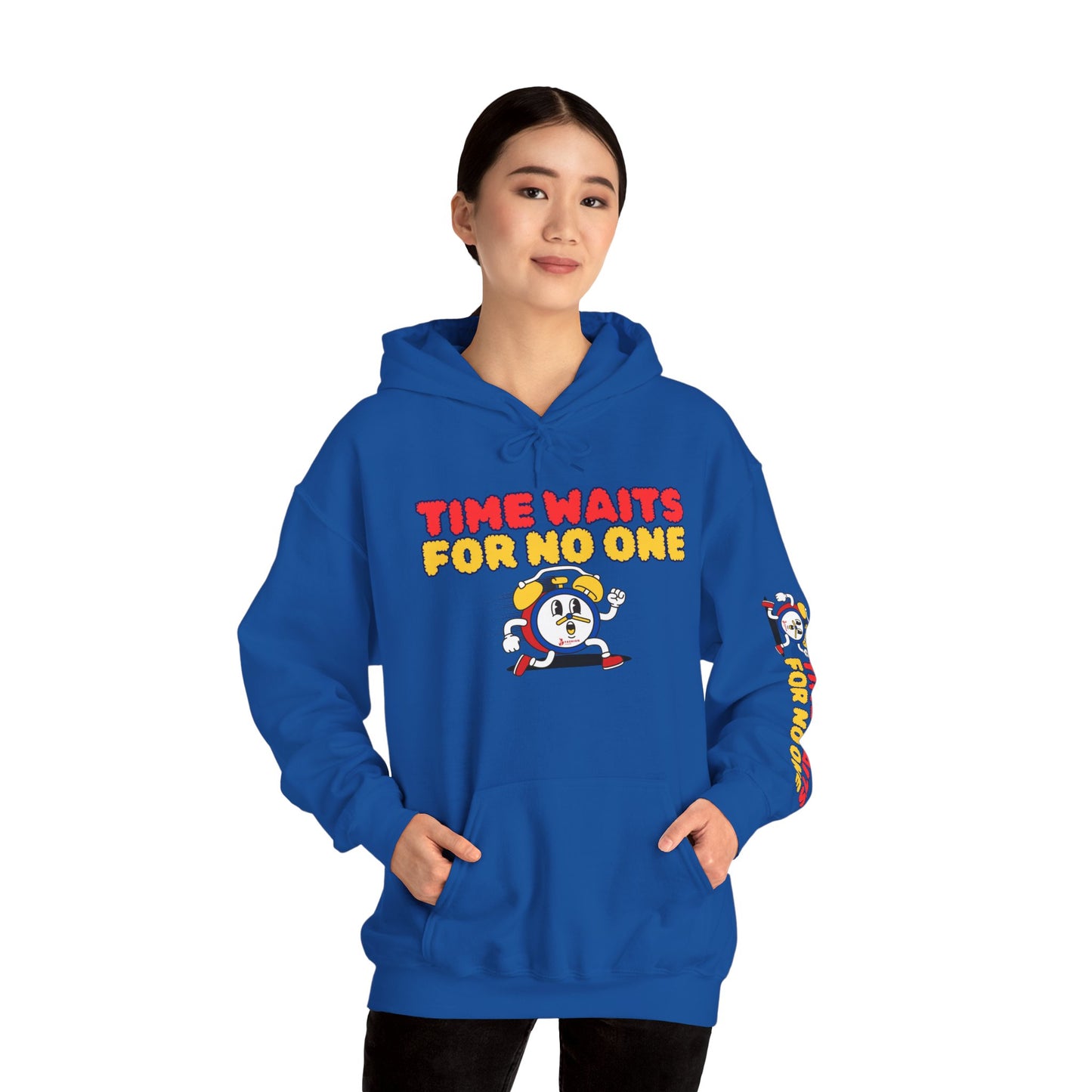 Time Waits For No One Hoodie — Retro Alarm Clock Graphic Sweatshirt