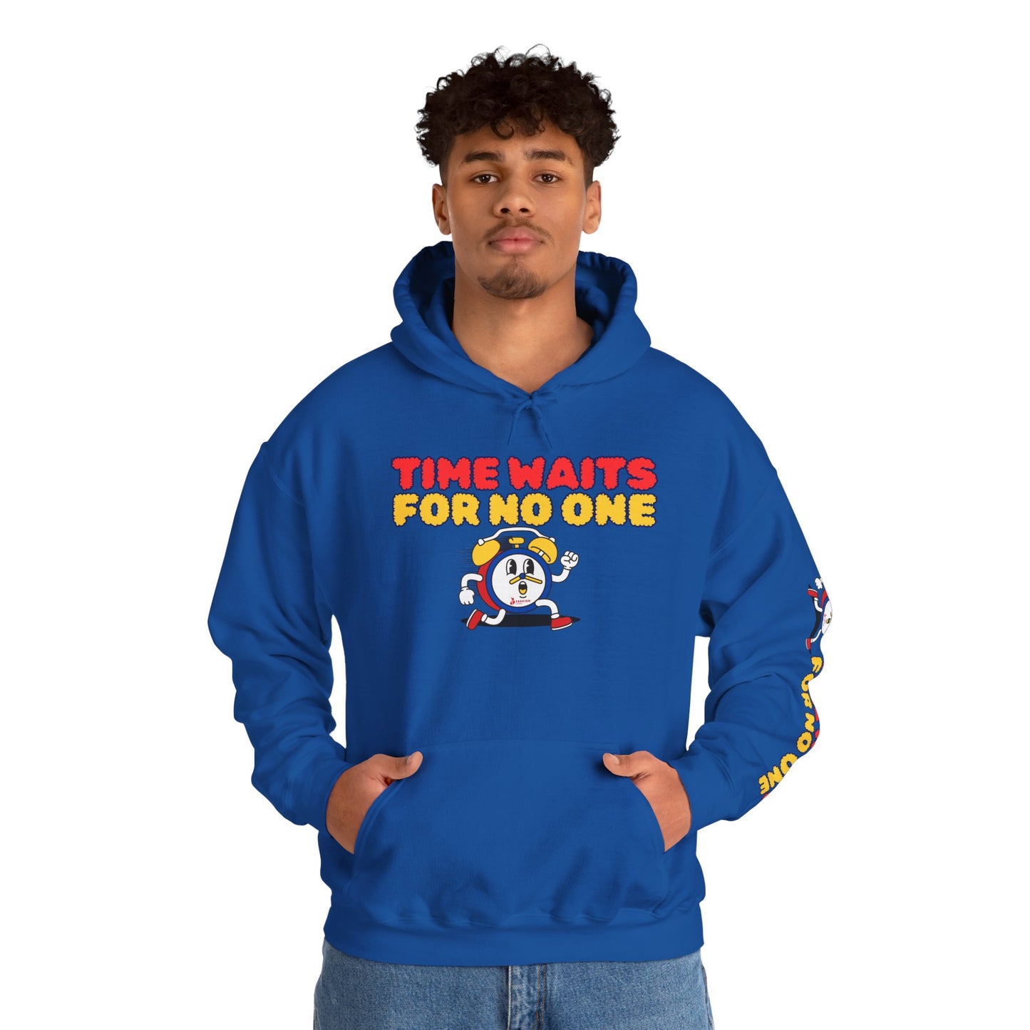 Time Waits For No One Hoodie — Retro Alarm Clock Graphic Sweatshirt