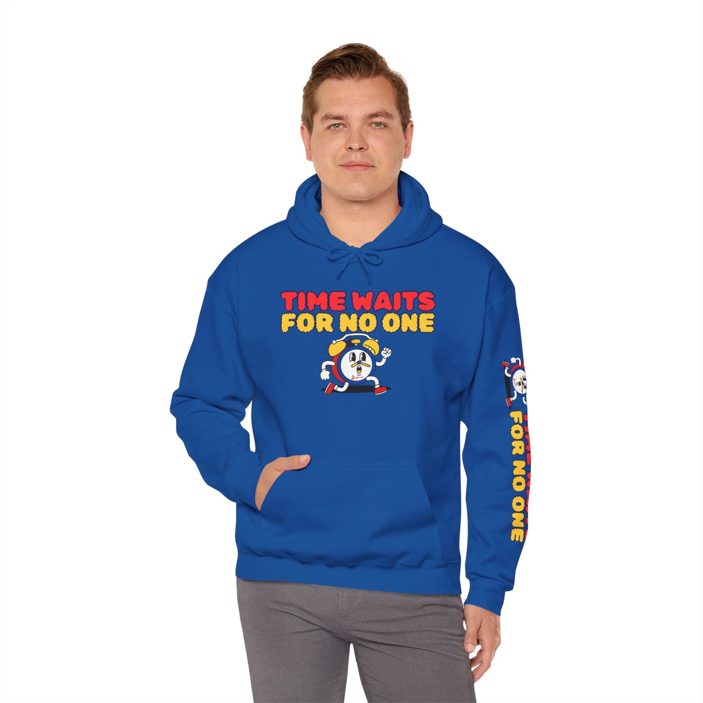 Time Waits For No One Hoodie — Retro Alarm Clock Graphic Sweatshirt